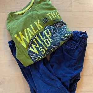 Soft Cotton Long Sleeve Graphic Tee + Blue Corduroy Pants